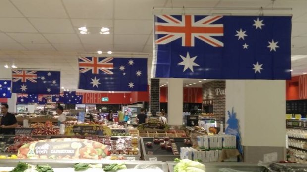 A Brisbane Times reader snapped these "Australian flags" at the Coles supermarket in Toowong, Brisbane. The Southern Cross is facing the wrong way and the Union Jack is also reversed.