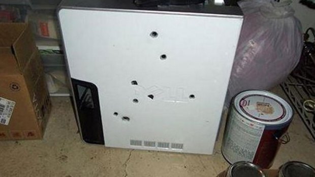 The computer after Lucas Hinch shot it eight times. 