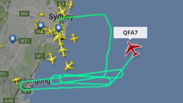 QF7, heading to Dallas in the United States, circling off Wollongong as it dumped fuel.


