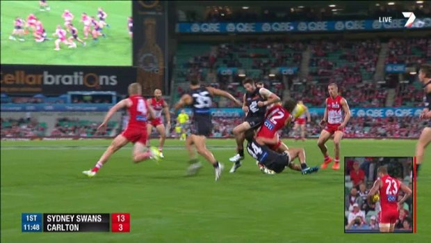 Carlton's Dale Thomas seemingly tries – and fails – to make high contact with Sydney's Josh Kennedy.
