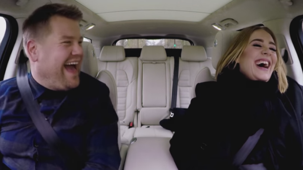 Adele and James Corden drove around London in the rain.