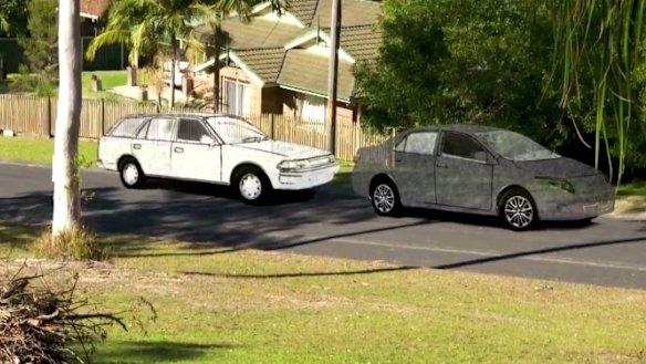 An artist's impression of two cars seen in Benaroon Drive in Kendall on the morning William Tyrrell disappeared.