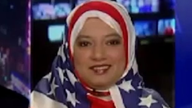 Saba Ahmed wears an American flag as a hijab on Fox News Channel's <em>The Kelly Show</em>, 
