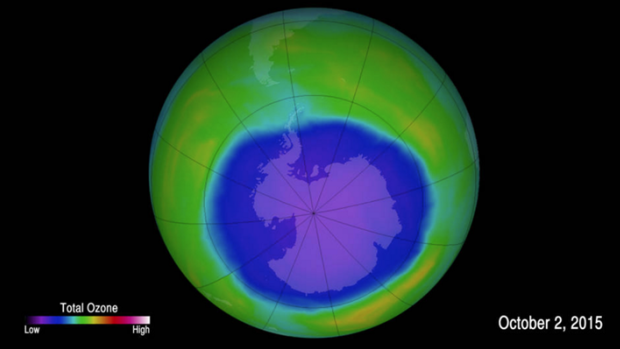 A false-colour image shows ozone concentrations over Antarctica on October 2, 2015.
