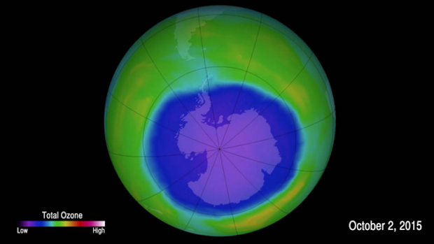 A false-colour image shows ozone concentrations over Antarctica on October 2, 2015.