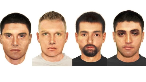 A composite picture of the four men police want to speak to over the sexual assault in Geelong.