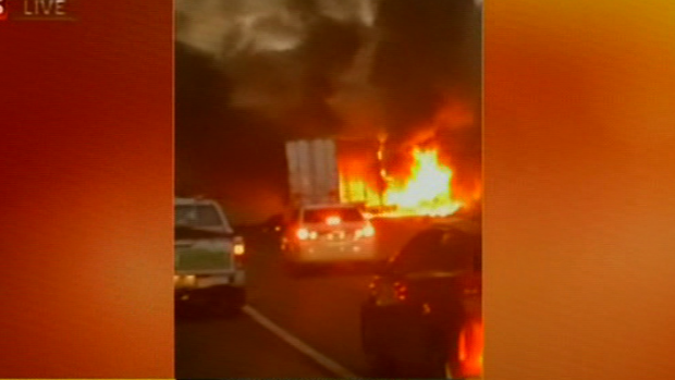 The truck hit a wall, bursting into flames on the M1 early on Monday.