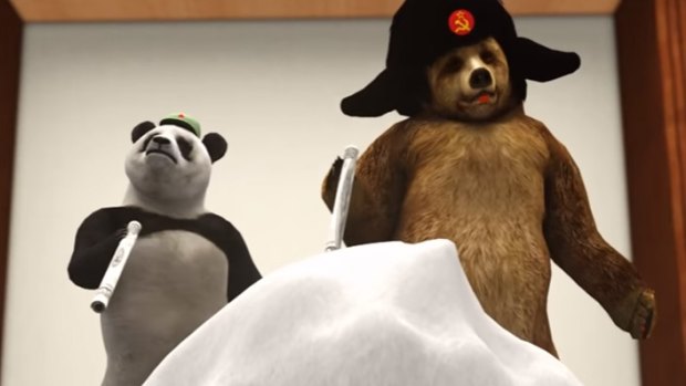 The animators haven't missed Russia and China, depicted as bears and pandas with needles sticking out of their back