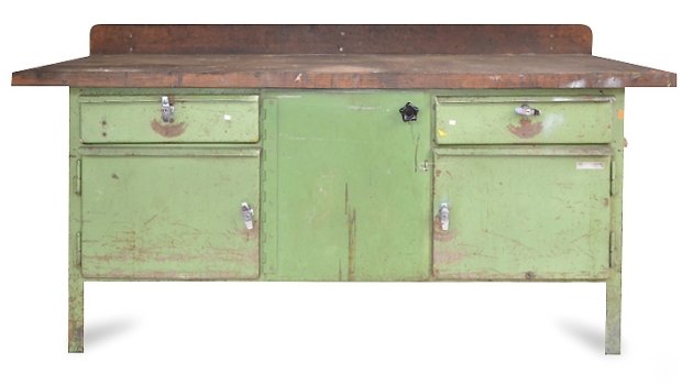 An industrial workbench sold by Leonard Joel for $900.