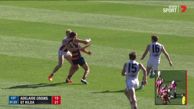 St Kilda's Nick Riewoldt is in line to return after being knocked out in this collision in the match against Adelaide.