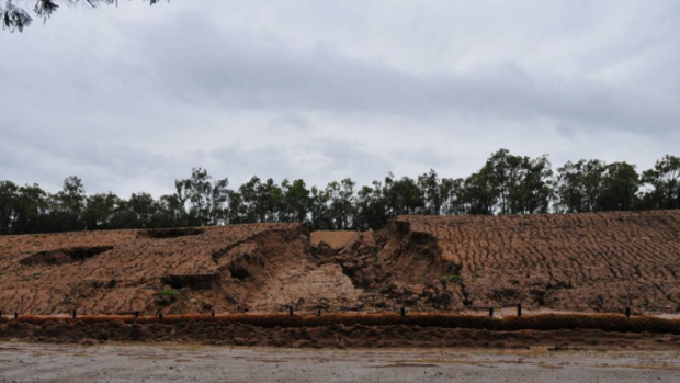 Section of Rio Tinto's Warkworth sediment dam that gave way during the early January big rains.
