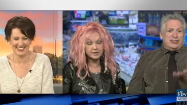 Virginia Trioli interviews Cyndi Lauper, centre, and Harvey Fierstein.