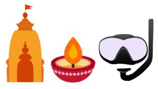 Suggested representations for a Hindu temple, oil lamp and snorkel mask emoji, which have been added to a draft lift of candidates.
