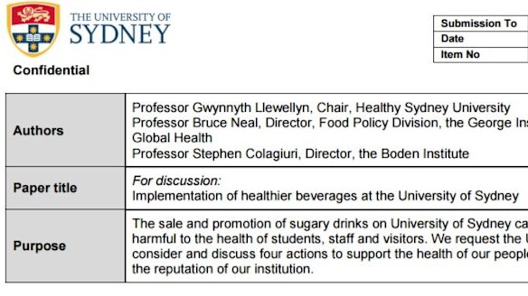 Parts of an unsolicited submission to the University of Sydney executive to ban the sale and promotion of sugary drinks.