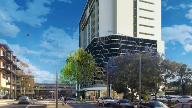 An artist's impression of the Belconnen hotel planned by the Labor Club, which will now be redesigned to change the look of the lower floors of carparking.