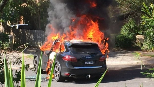 The stolen Porsche in flames on Montanus Court, Ringwood North.