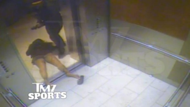 A still of Janay Palmer lying unconcsious after being struck in a casino elevator by her now husband Ray Rice.
