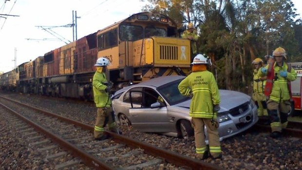 A freight train collided with a car at Landsborough.