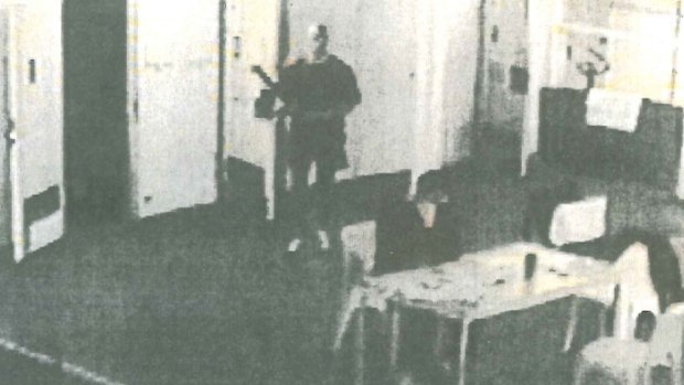 Still from CCTV footage moments before Matthew Johnson kills Carl Williams in Barwon Prison