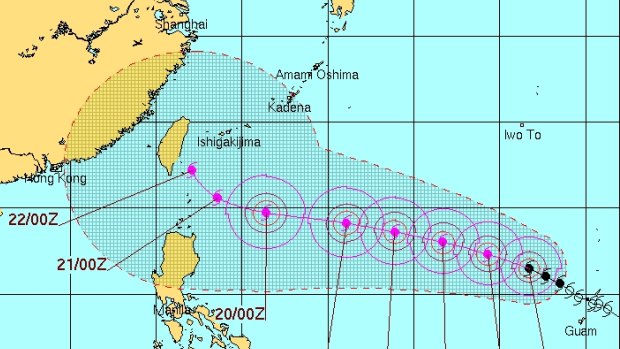 Projected path of Typhoon Goni has it tracking towards Taiwan.