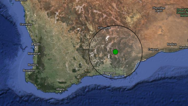 The earthquake in Norseman (depicted by the green circle) was felt by people at least 206 kilometres away (a radius represented by the black circle). 