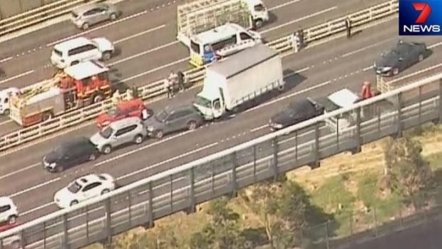 Six cars and a truck were involved in two crashes on the West Gate Bridge.