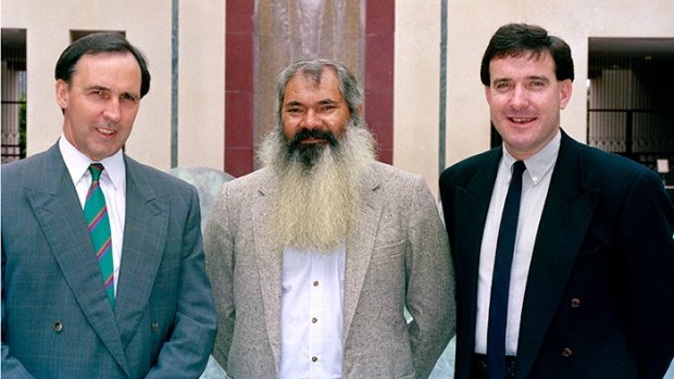 Then chairman of the Council for Aboriginal Reconciliation Patrick Dodson (centre), with Prime Minister Paul Keating and Minister for Aboriginal and Torres Strait Islander Affairs Robert Tickner in February 1992. 