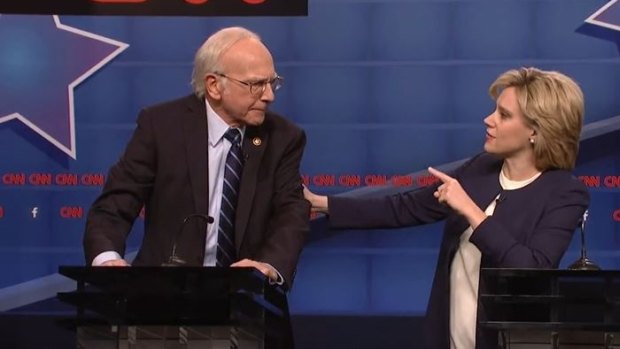 Larry David as Bernie Sanders and Kate McKinnon as Hillary Clinton on <i>Saturday Night Live</i>.