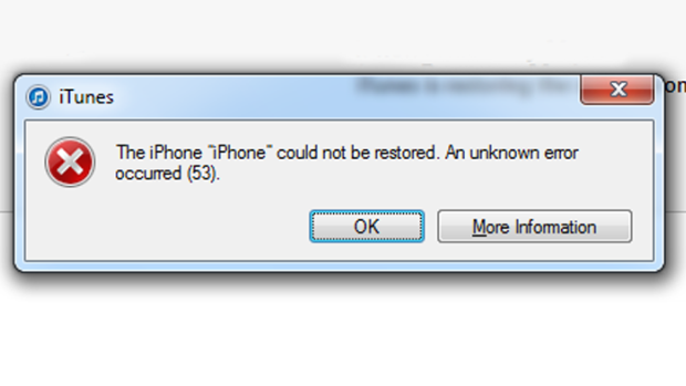 "The iPhone could not be restored": Apple's "error 53" alert.