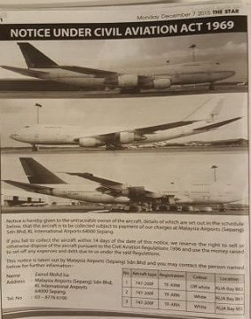 The ad that appeared a newspaper searching for the owners of three Boeing 747s in Malaysia.