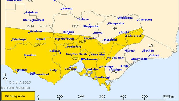 The highlighted areas of Victoria may be affected by damaging winds.
