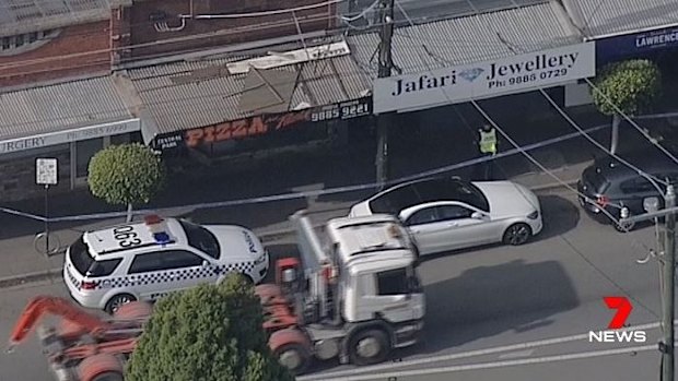 Police outside Jafari Jewellery which was hit by thieves on Thursday.