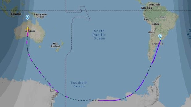 The route taken by flight QF14 on Wednesday from Buenos Aires to Darwin.