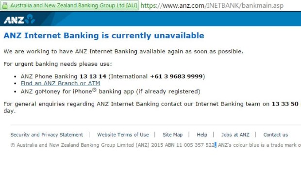 The message displayed on the ANZ internet banking website.