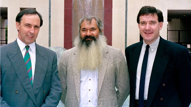 Then prime minister Paul Keating, chairman of the Council for Aboriginal Reconciliation Patrick Dodson and Minister for Aboriginal and Torres Strait Islander Affairs Robert Tickner in February 1992. 