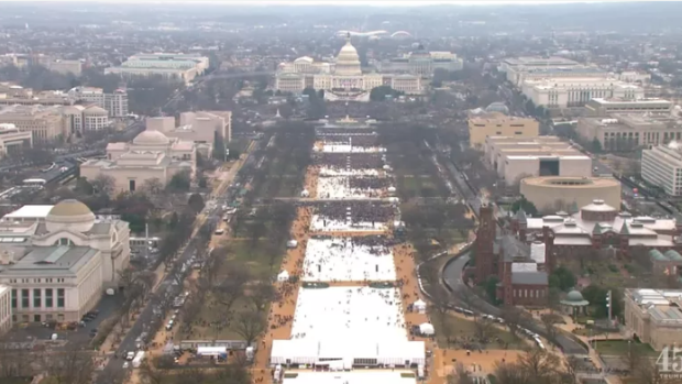 An aerial view of sparse crowds on the national mall at Donald Trump's inauguration.