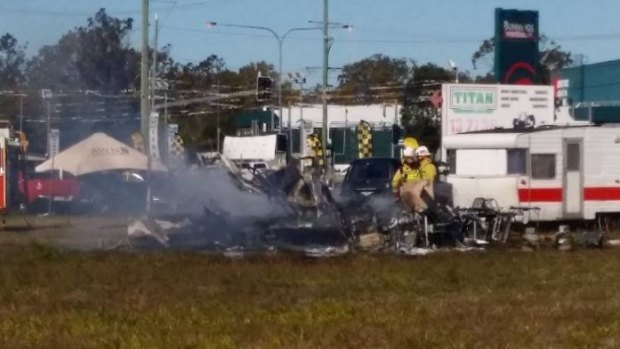 The caravan was destroyed by the fire at Morayfield, north of Brisbane.