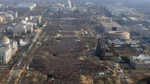 Massive crowds fill the national mall at Barack Obama's first inauguration in 2008.