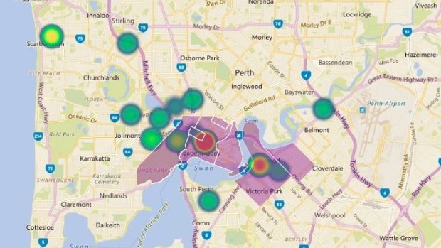 Just over half of Perth's cranes are in areas of concern for NAB (purple).