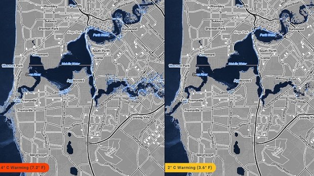 The global mappting project shows suburbs along the Swan River will be inundated if sea levels rise.