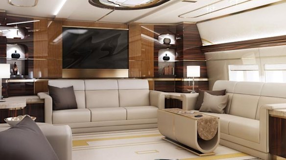 Lounge of a Boeing VIP 747-8.