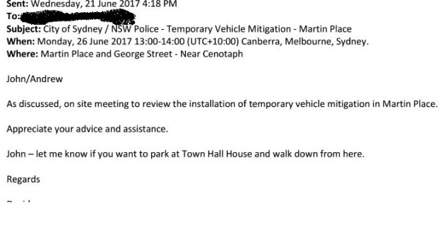 An email from a City of Sydney officer last week to NSW Police regarding temporary barriers.