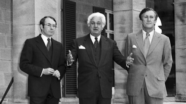 John Howard, Sir John Kerr and Malcolm Fraser in November 1977.
