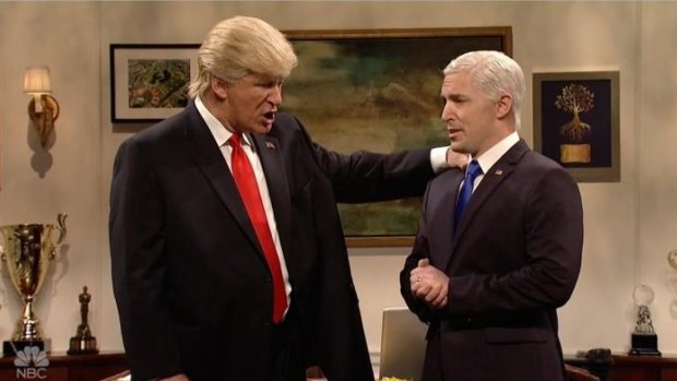 A very worried Donald Trump (Alec Baldwin) will leave everything to an unflustered Mike Pence (Beck Bennett) on <i>Saturday Night Live</i>.