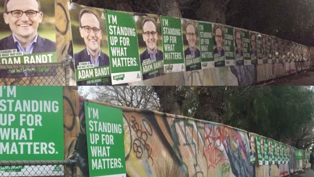 Greens posters on Best Street in Fitzroy North, on Friday night (above) and on Saturday morning (below).