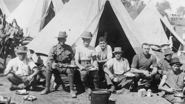 Sharing a meal at Fraser's Paddock, Enoggera Army Camp Brisbane ca. 1914