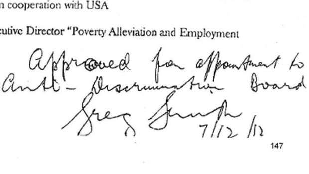 Greg Smith's handwritten approval of Eman Sharobeem's appointment to the anti-discrimination board.