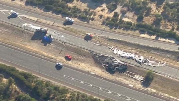 An aerial view of the crash on Kwinana Freeway in which two people died.