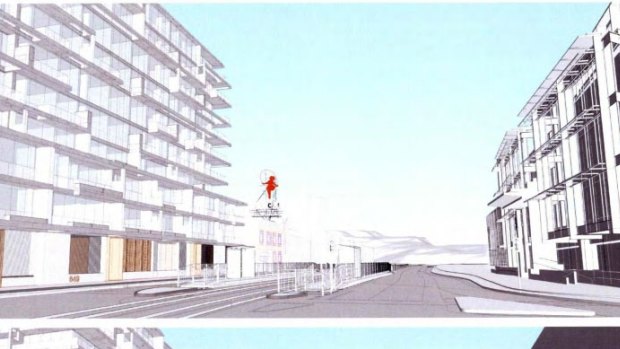 An artist's impression of the new apartment block to be built on Victoria Street, Abbotsford. Viewed as if driving away from the sign. 