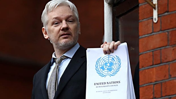 Julian Assange speaks from the balcony of the Ecuadorian embassy where he continues to seek asylum.